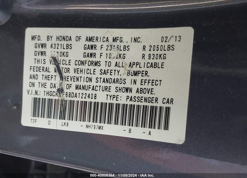 2013 HONDA ACCORD EX-L VIN: 1HGCR2F88DA122408