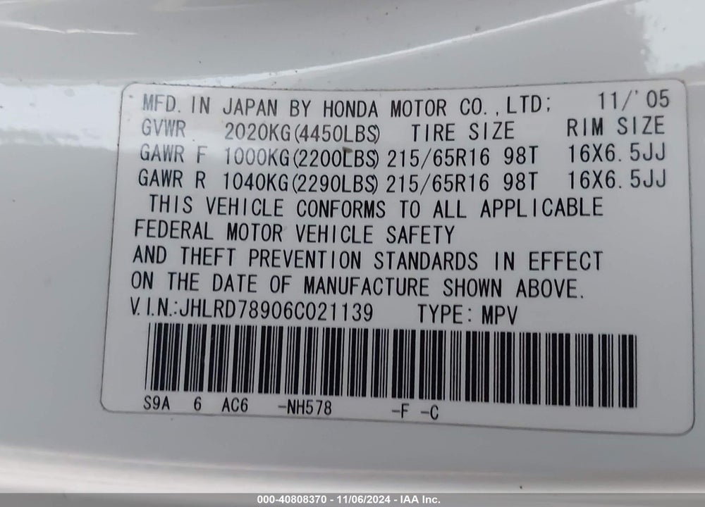2006 HONDA CR-V SE VIN: JHLRD78906C021139