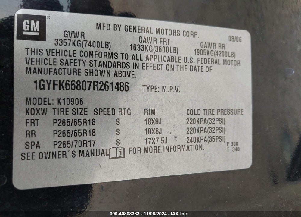 2007 CADILLAC ESCALADE ESV STANDARD VIN: 1GYFK66807R261486