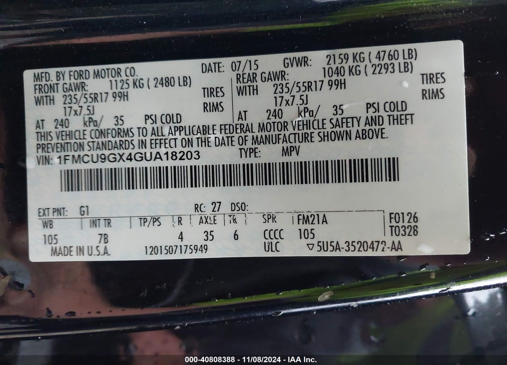 2016 FORD ESCAPE SE VIN: 1FMCU9GX4GUA18203