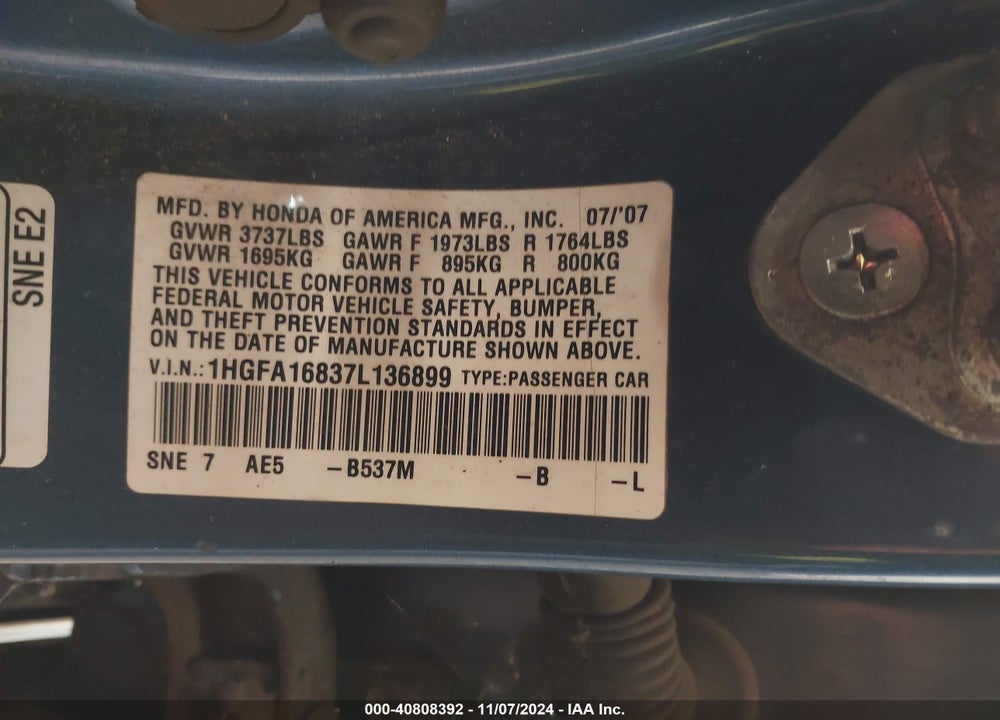 2007 HONDA CIVIC VIN: 1HGFA16837L136899