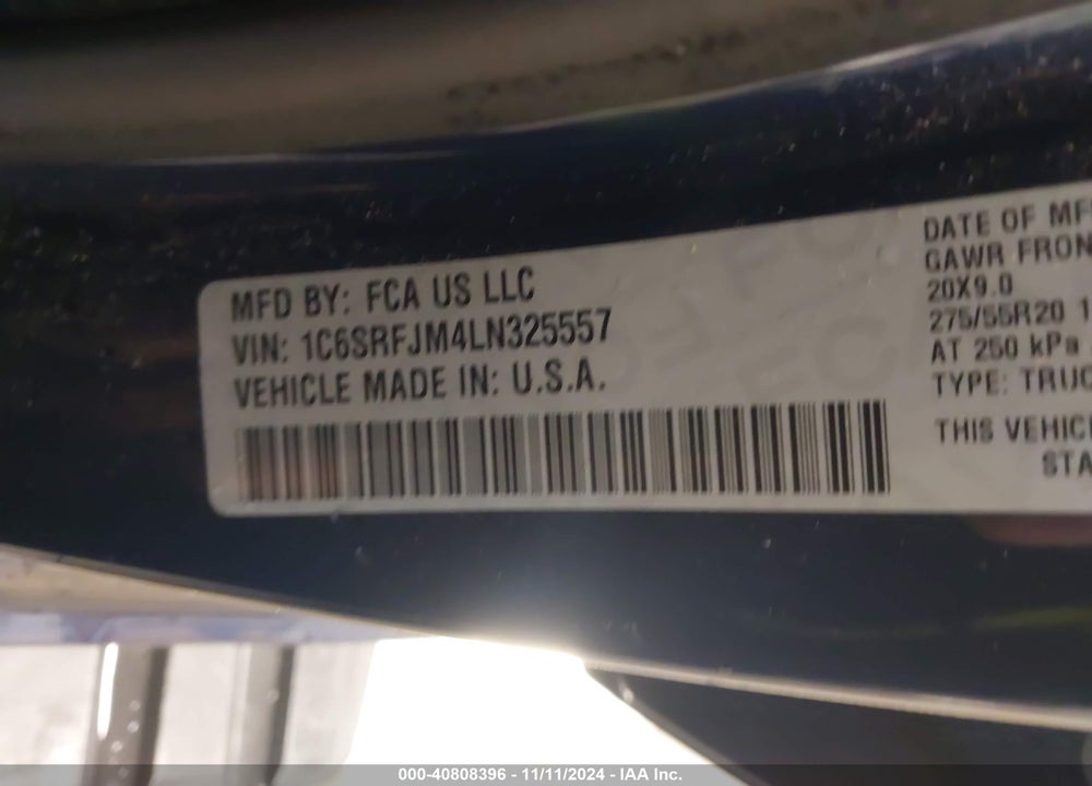 2020 RAM 1500 LAIE  4X4 5'7 BOX VIN: 1C6SRFJM4LN325557