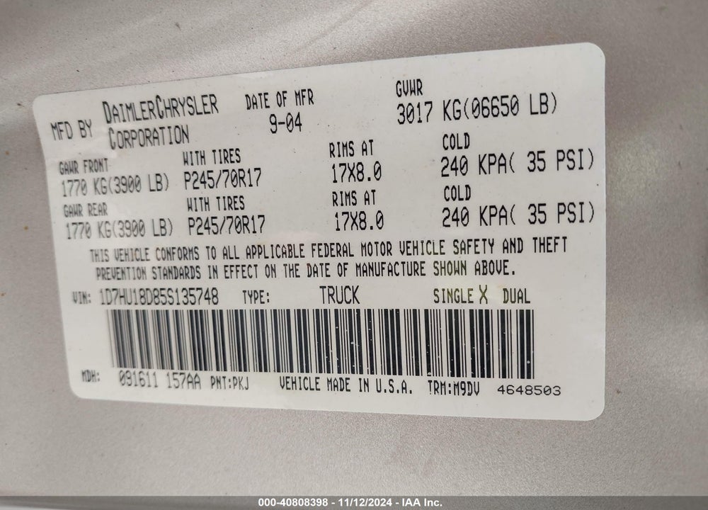 2005 DODGE RAM 1500 SLT/LARAMIE VIN: 1D7HU18D85S135748