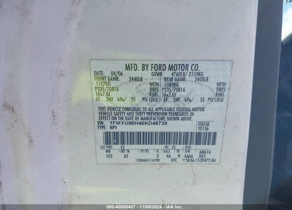 2006 FORD ESCAPE HYBRID VIN: 1FMYU96H46KD48739