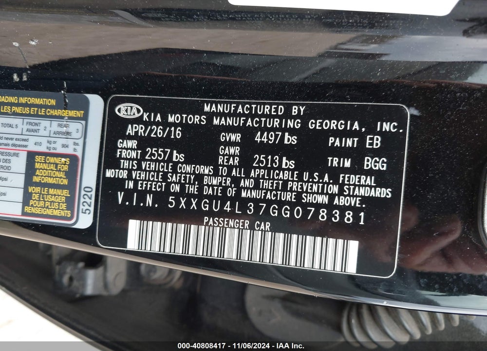 2016 KIA OPTIMA EX VIN: 5XXGU4L37GG078381