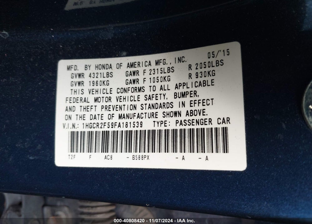 2015 HONDA ACCORD SPORT VIN: 1HGCR2F59FA181539