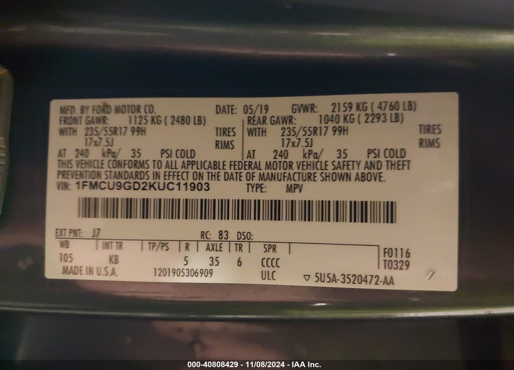 2019 FORD ESCAPE SE VIN: 1FMCU9GD2KUC11903