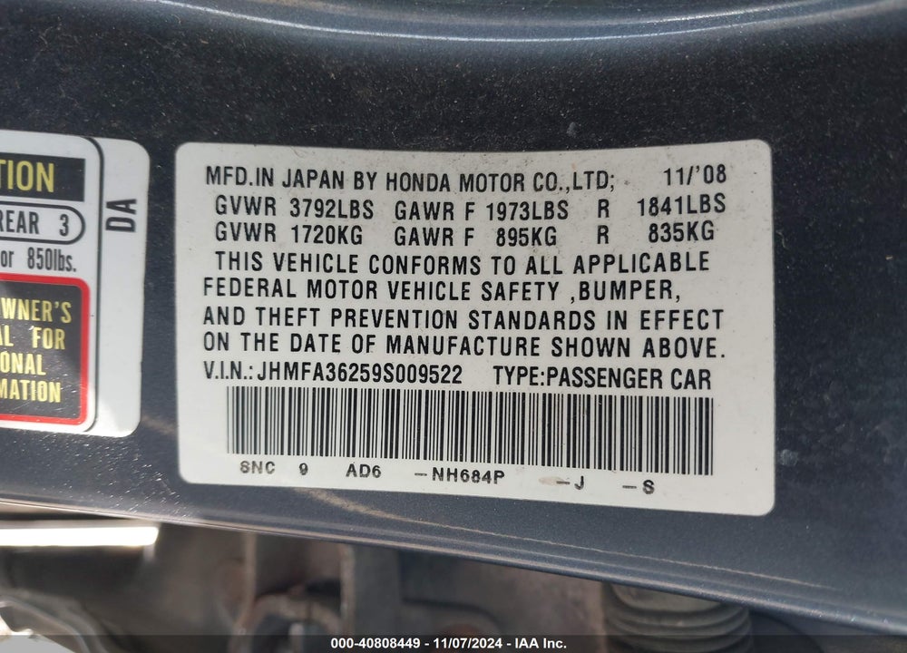 2009 HONDA CIVIC HYBRID VIN: JHMFA36259S009522