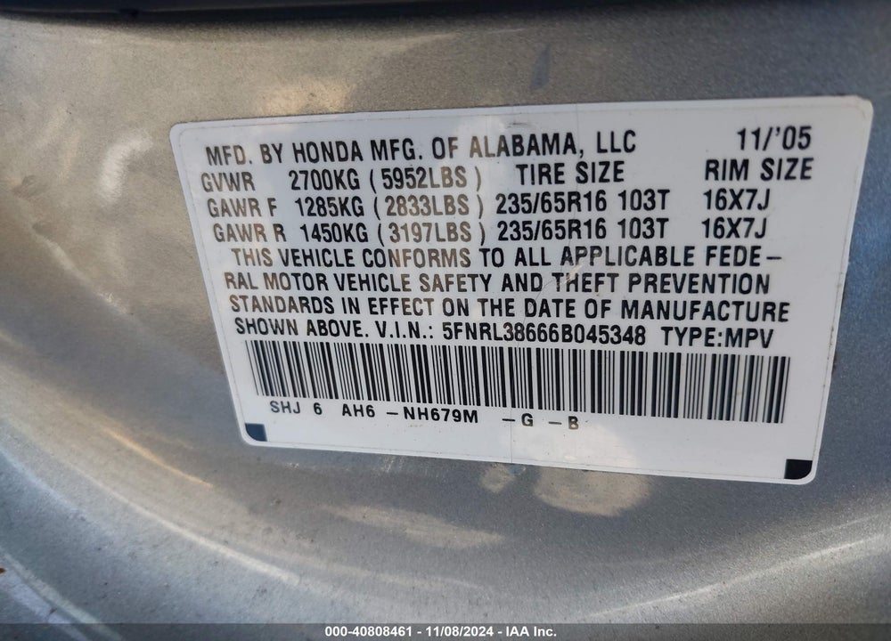 2006 HONDA ODYSSEY EX-L VIN: 5FNRL38666B045348