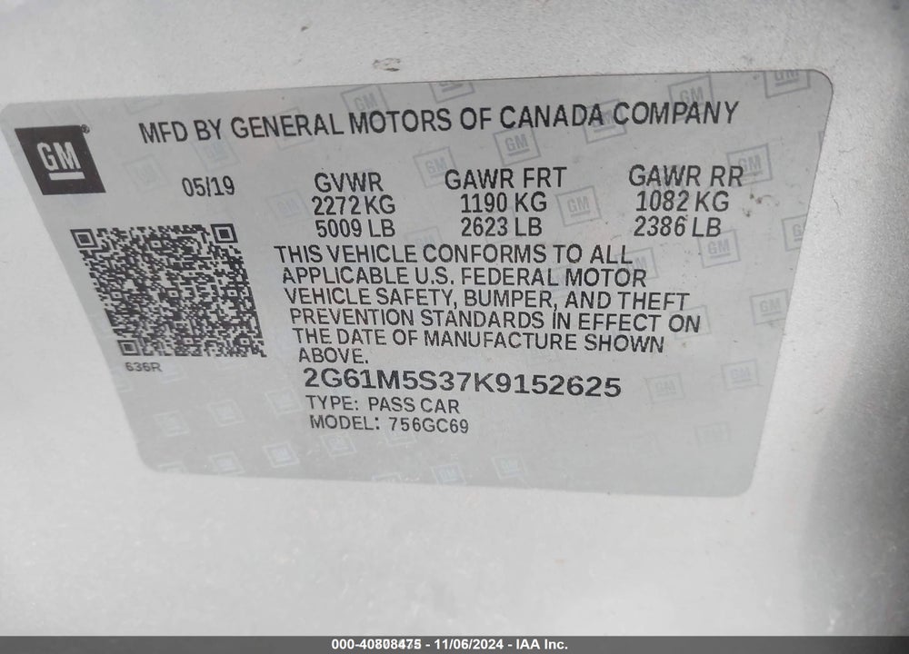 2019 CADILLAC XTS LUXURY VIN: 2G61M5S37K9152625