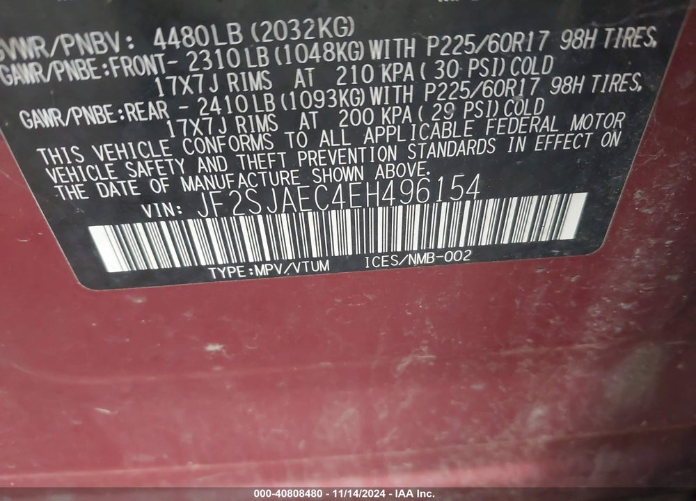 2014 SUBARU FORESTER 2.5I PREMIUM VIN: JF2SJAEC4EH496154