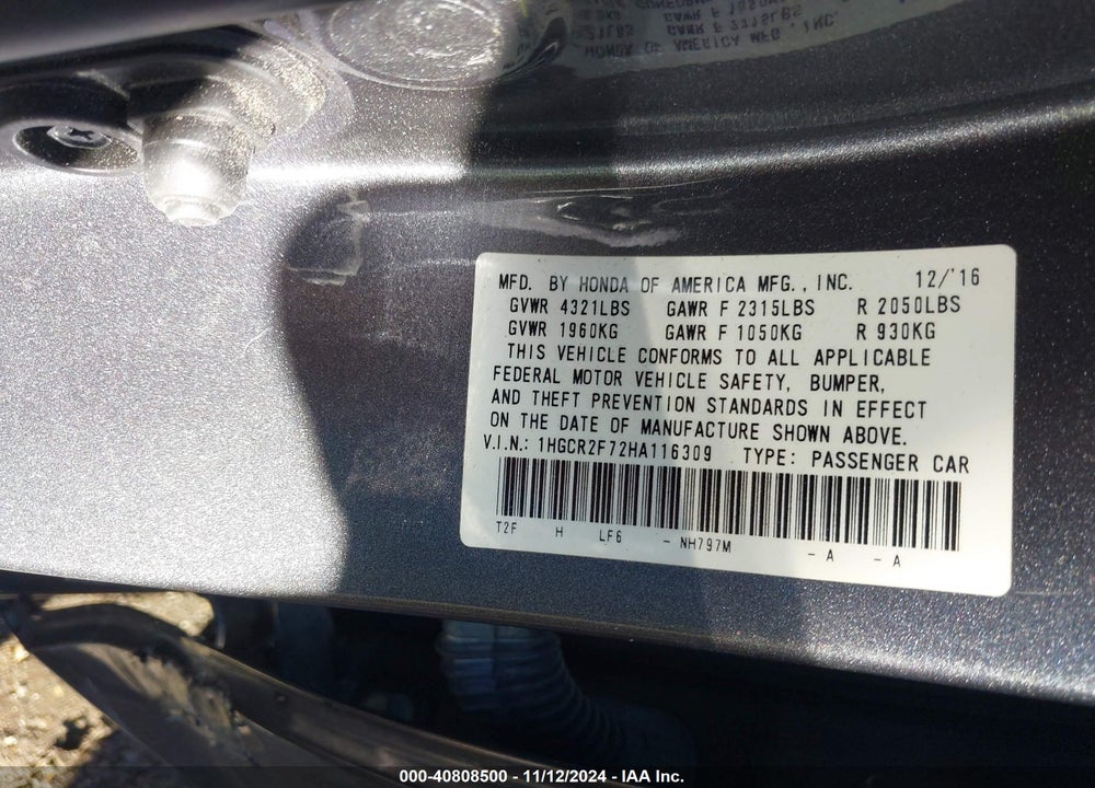 2017 HONDA ACCORD EX VIN: 1HGCR2F72HA116309