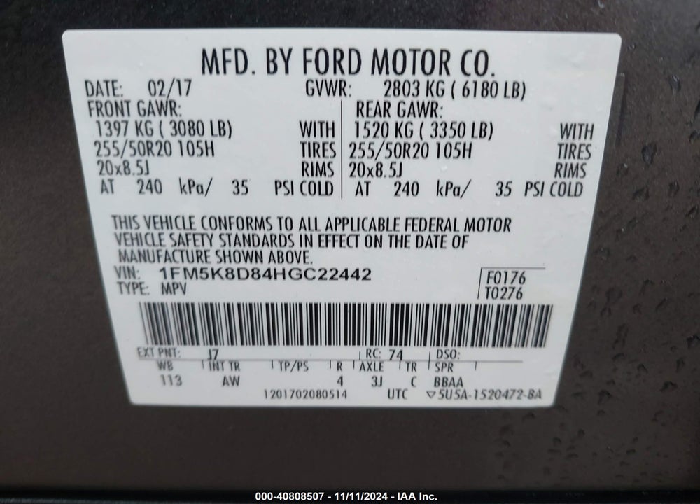 2017 FORD EXPLORER XLT VIN: 1FM5K8D84HGC22442