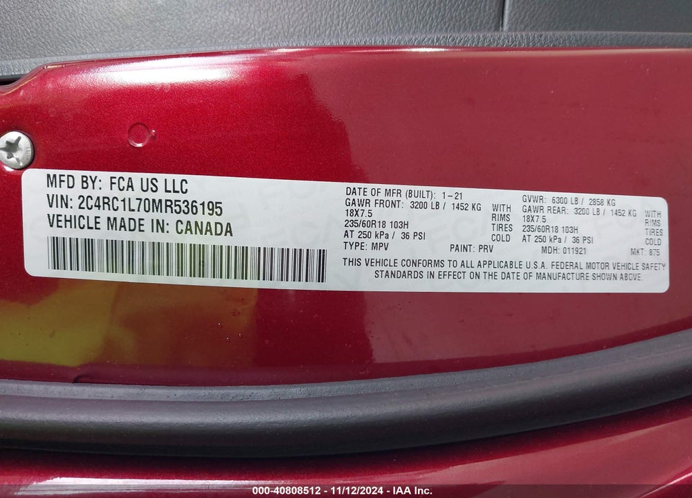 2021 CHRYSLER PACIFICA HYBRID TOURING L VIN: 2C4RC1L70MR536195