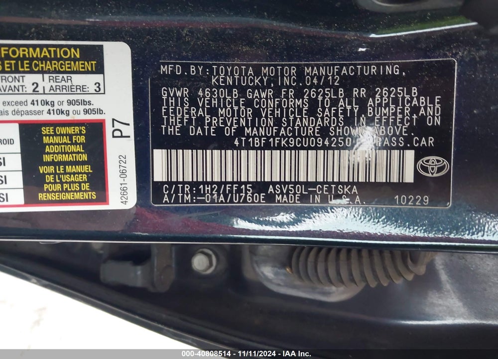 2012 TOYOTA CAMRY SE VIN: 4T1BF1FK9CU094250