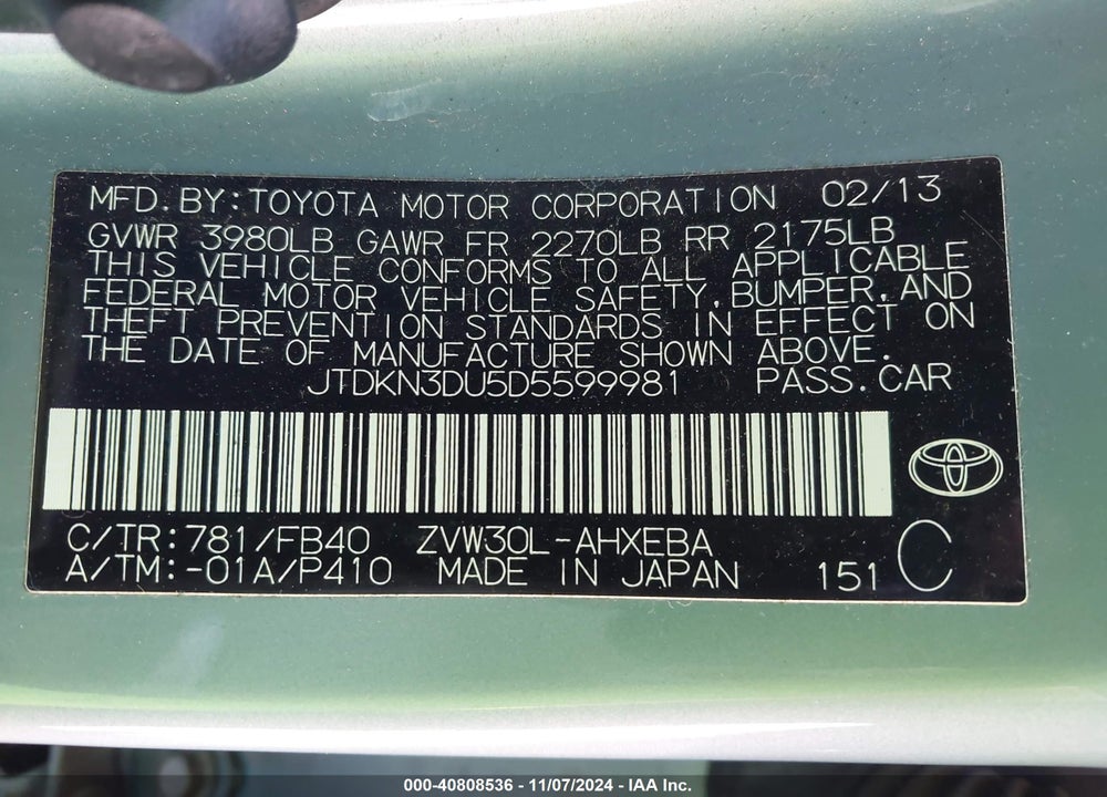 2013 TOYOTA PRIUS TWO VIN: JTDKN3DU5D5599981