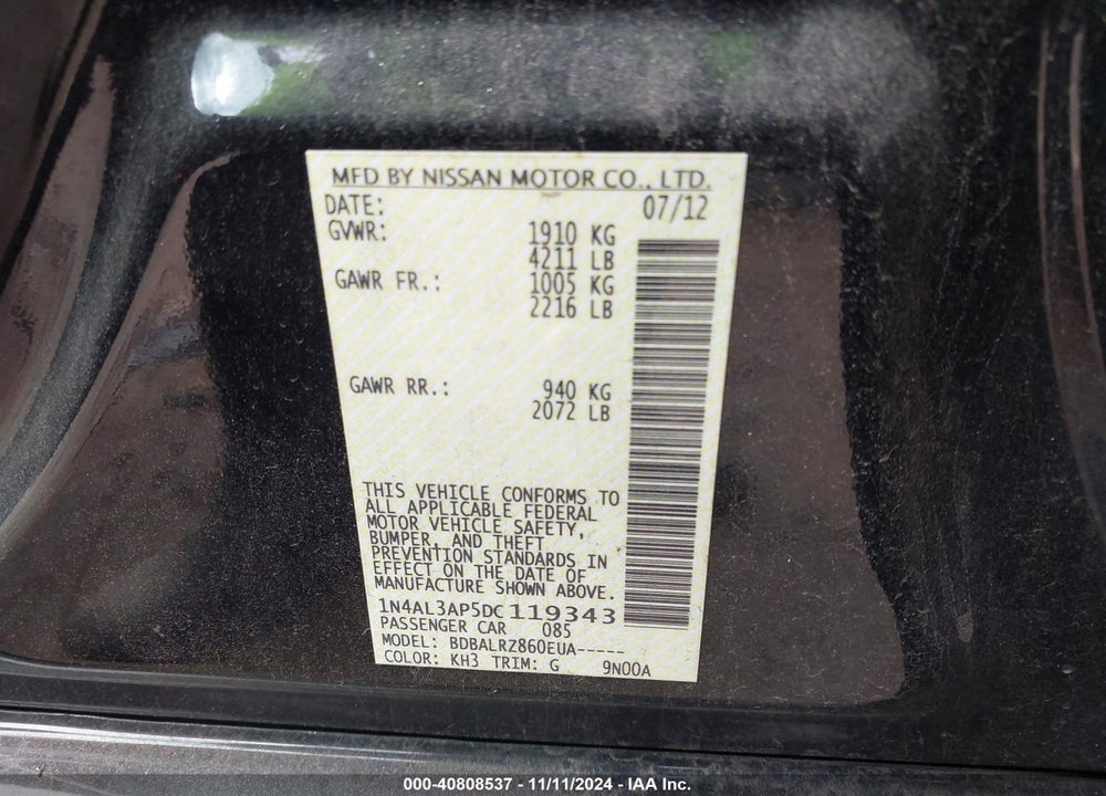 2013 NISSAN ALTIMA 2.5 S VIN: 1N4AL3AP5DC119343