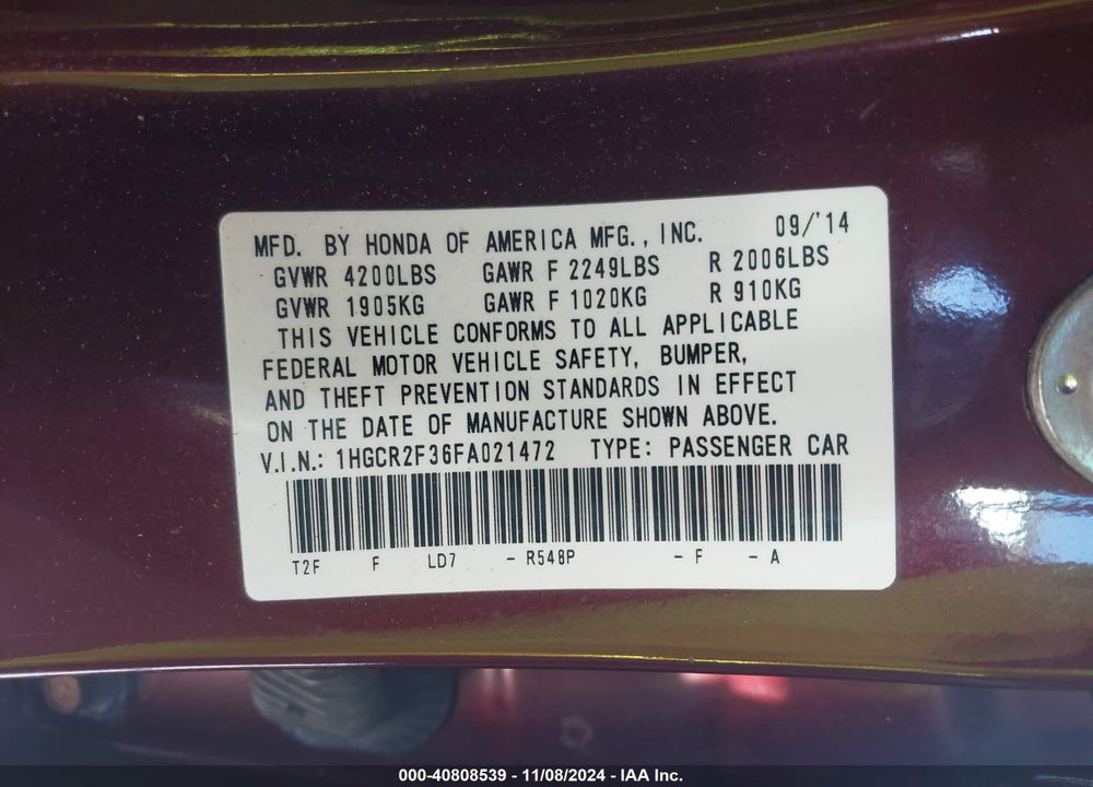 2015 HONDA ACCORD LX VIN: 1HGCR2F36FA021472