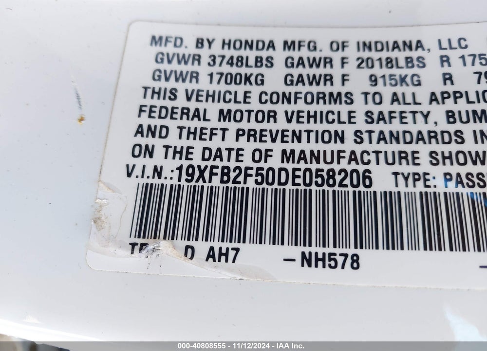 2013 HONDA CIVIC LX VIN: 19XFB2F50DE058206