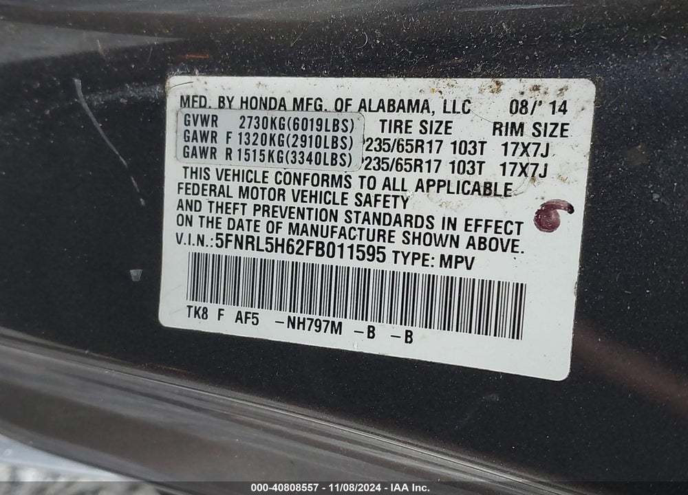 2015 HONDA ODYSSEY EX-L VIN: 5FNRL5H62FB011595