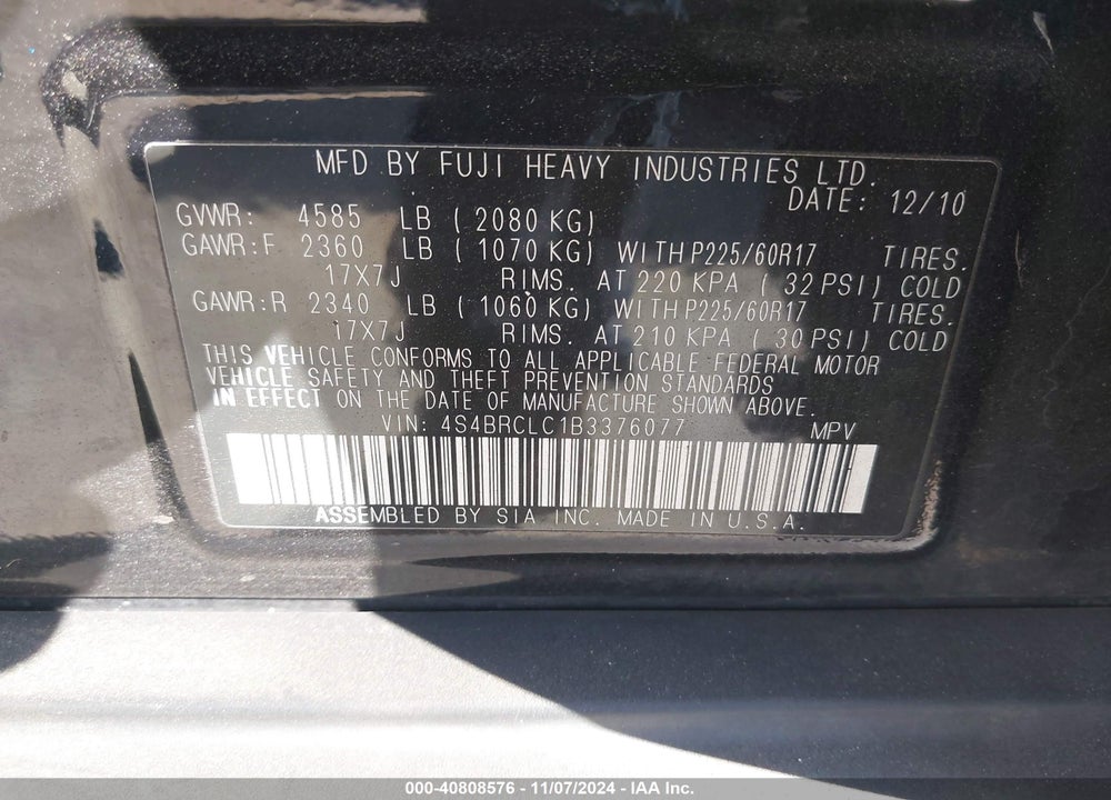 2011 SUBARU OUTBACK 2.5I LIMITED VIN: 4S4BRCLC1B3376077