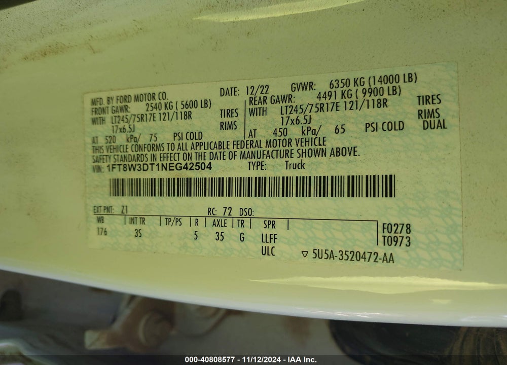 2022 FORD F-350 XLT VIN: 1FT8W3DT1NEG42504