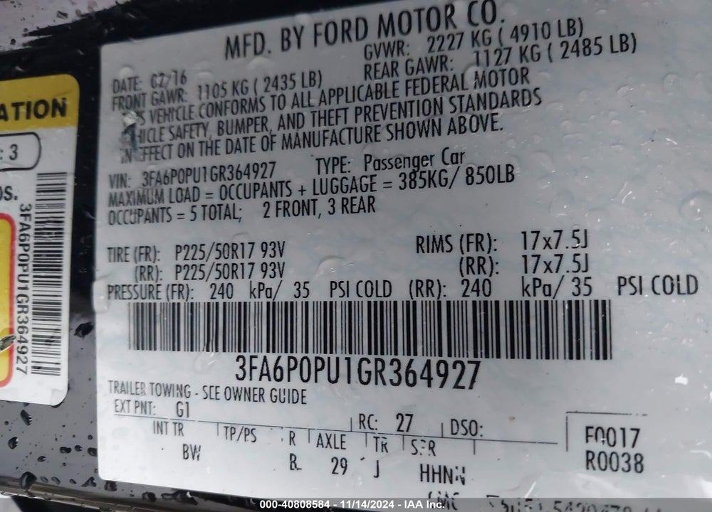 2016 FORD FUSION ENERGI SE LUXURY VIN: 3FA6P0PU1GR364927