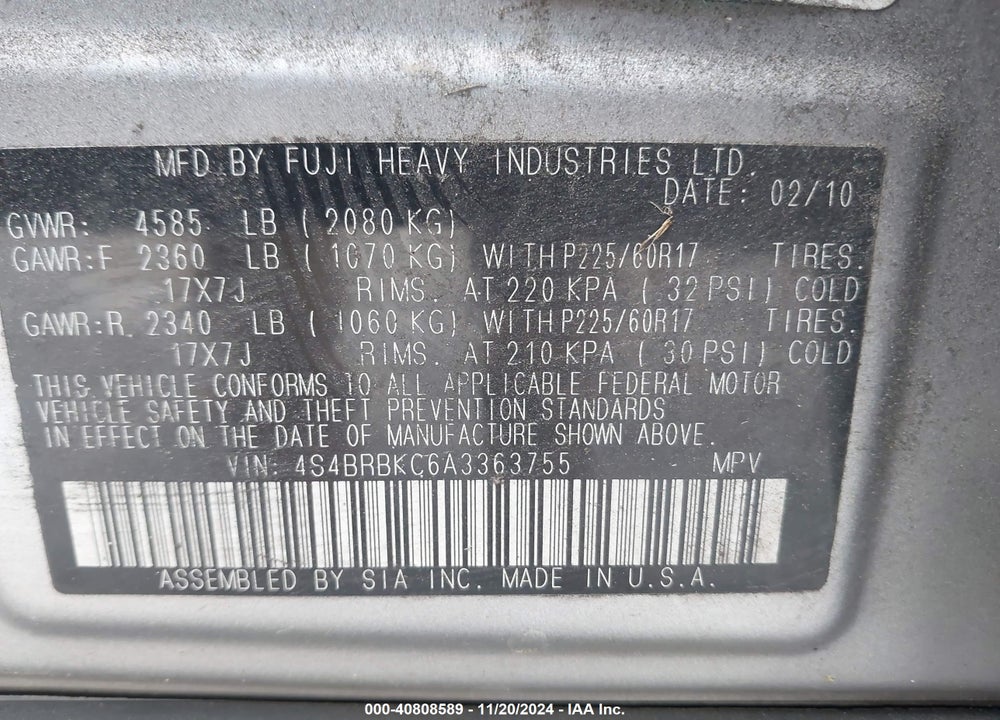 2010 SUBARU OUTBACK 2.5I LIMITED VIN: 4S4BRBKC6A3363755