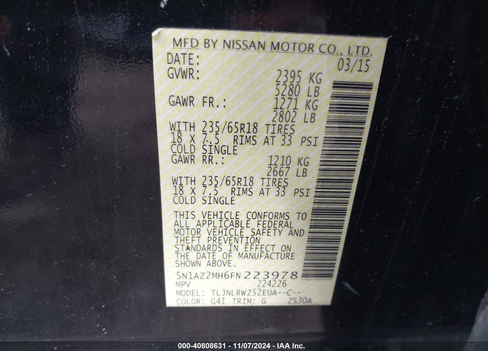 2015 NISSAN MURANO SL VIN: 5N1AZ2MH6FN223978