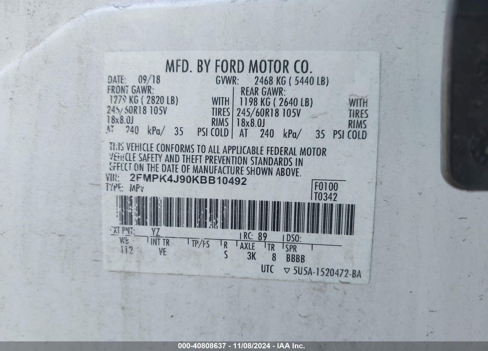 2019 FORD EDGE SEL VIN: 2FMPK4J90KBB10492