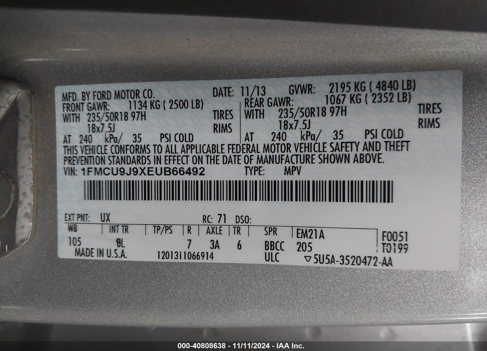 2014 FORD ESCAPE TITANIUM VIN: 1FMCU9J9XEUB66492