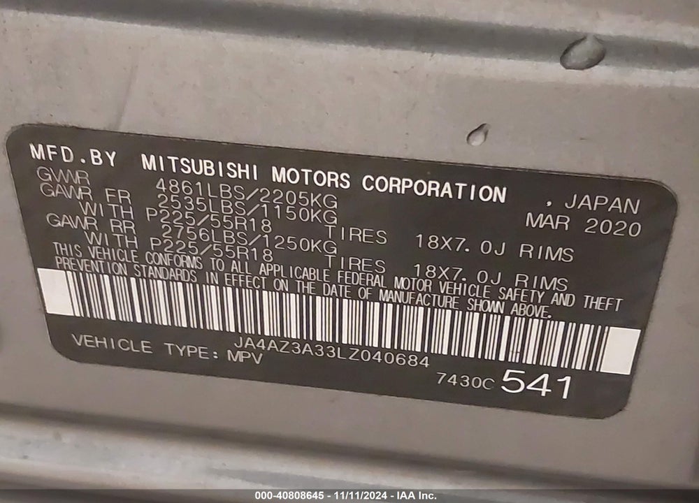 2020 MITSUBISHI OUTLANDER ES 2.4 /LE 2.4 /SE 2.4 /SEL 2.4 /SP 2.4 VIN: JA4AZ3A33LZ040684