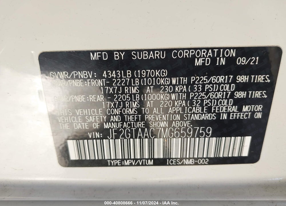 2021 SUBARU CROSSTREK VIN: JF2GTAAC7MG659759
