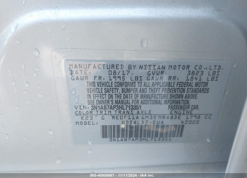 2017 NISSAN SENTRA SV VIN: 3N1AB7AP3HL713351