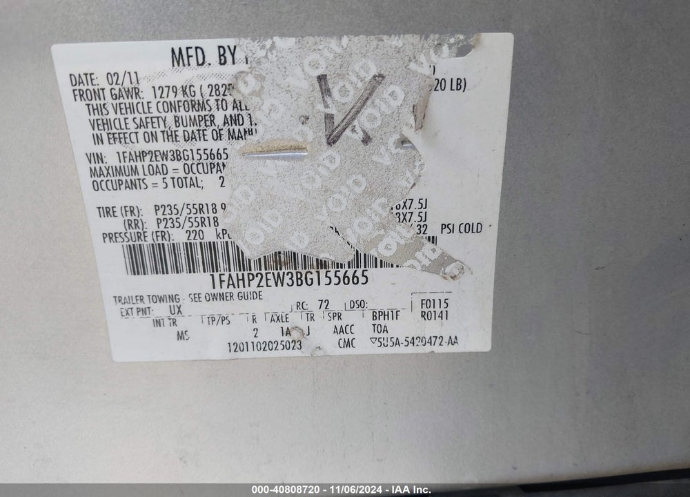 2011 FORD TAURUS SEL VIN: 1FAHP2EW3BG155665