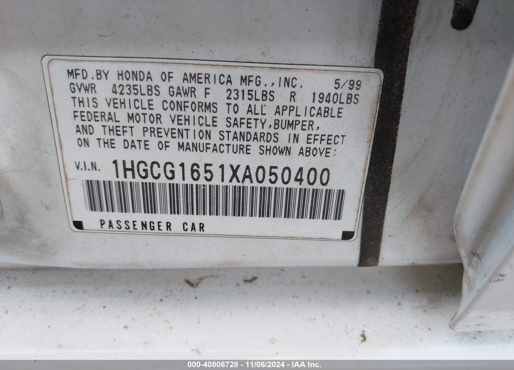 1999 HONDA ACCORD EX V6 VIN: 1HGCG1651XA050400