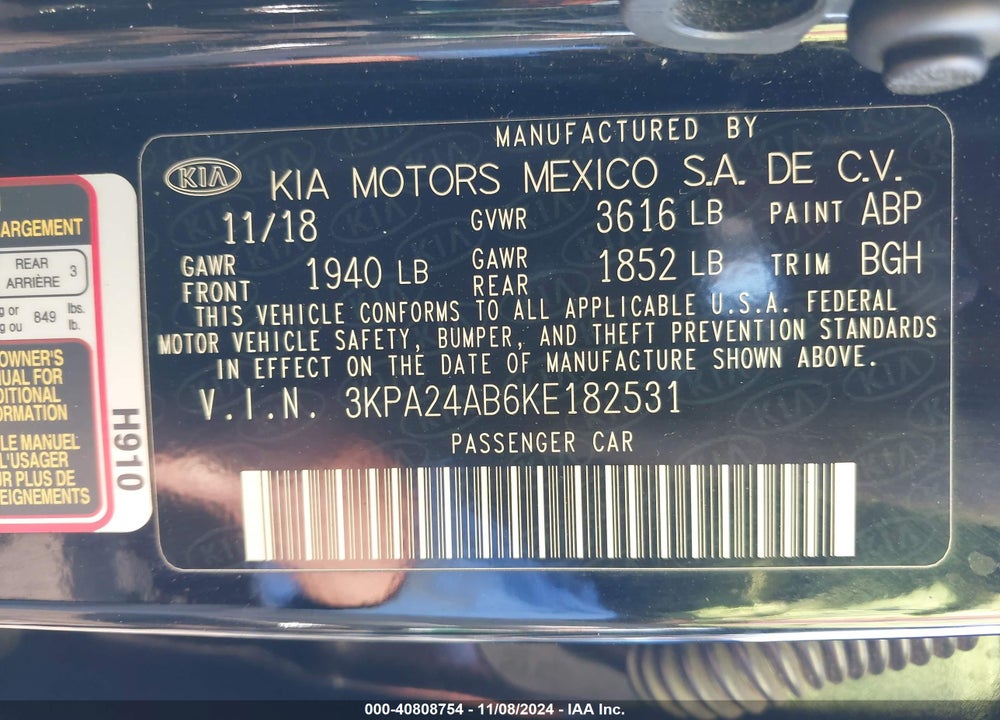 2019 KIA RIO VIN: 3KPA24AB6KE182531
