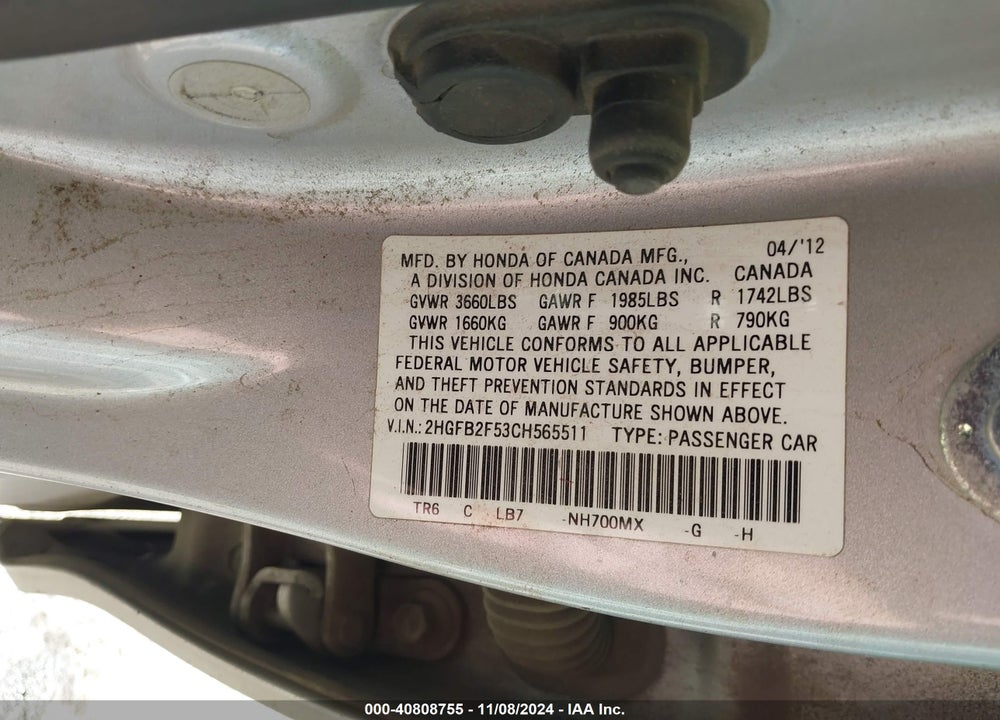 2012 HONDA CIVIC LX VIN: 2HGFB2F53CH565511