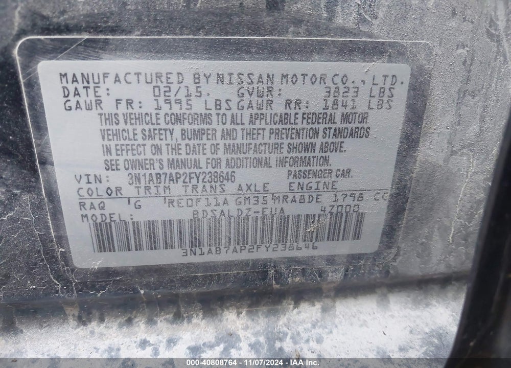 2015 NISSAN SENTRA VIN: 3N1AB7AP2FY238646