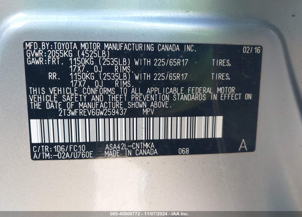 2016 TOYOTA RAV4 XLE VIN: 2T3WFREV6GW259437