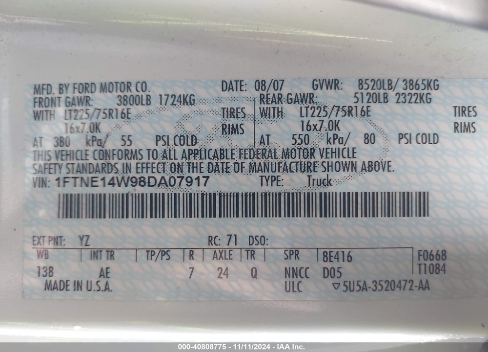 2008 FORD E-150 COMMERCIAL/RECREATIONAL VIN: 1FTNE14W98DA07917