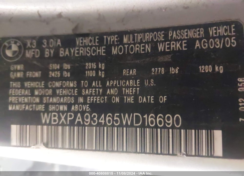 2005 BMW X3 3.0I VIN: WBXPA93465WD16690