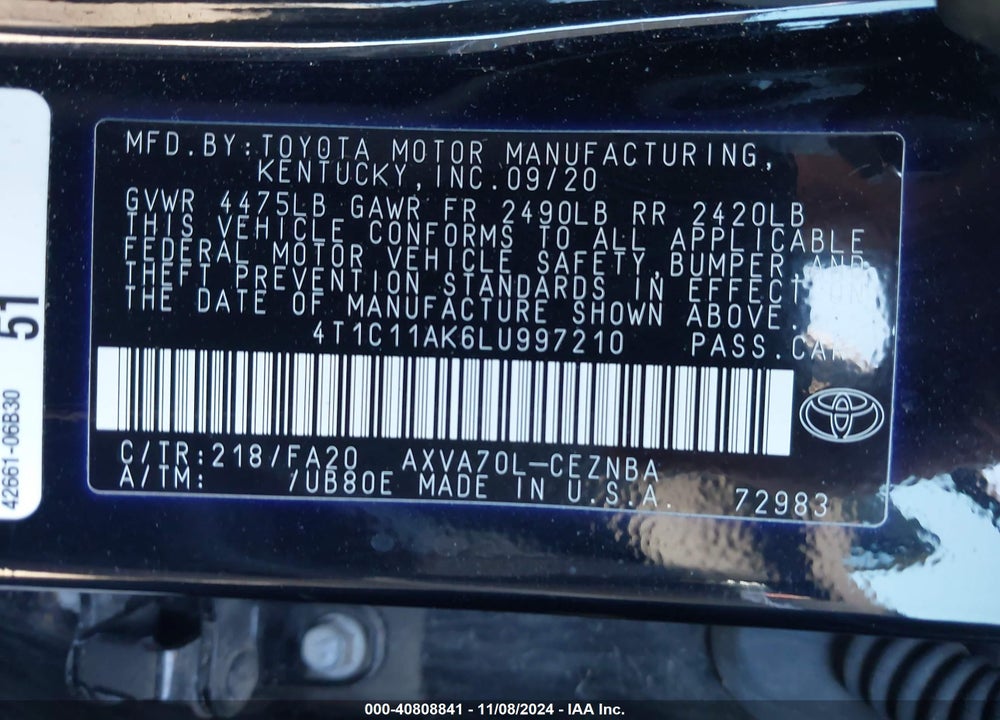 2020 TOYOTA CAMRY LE VIN: 4T1C11AK6LU997210
