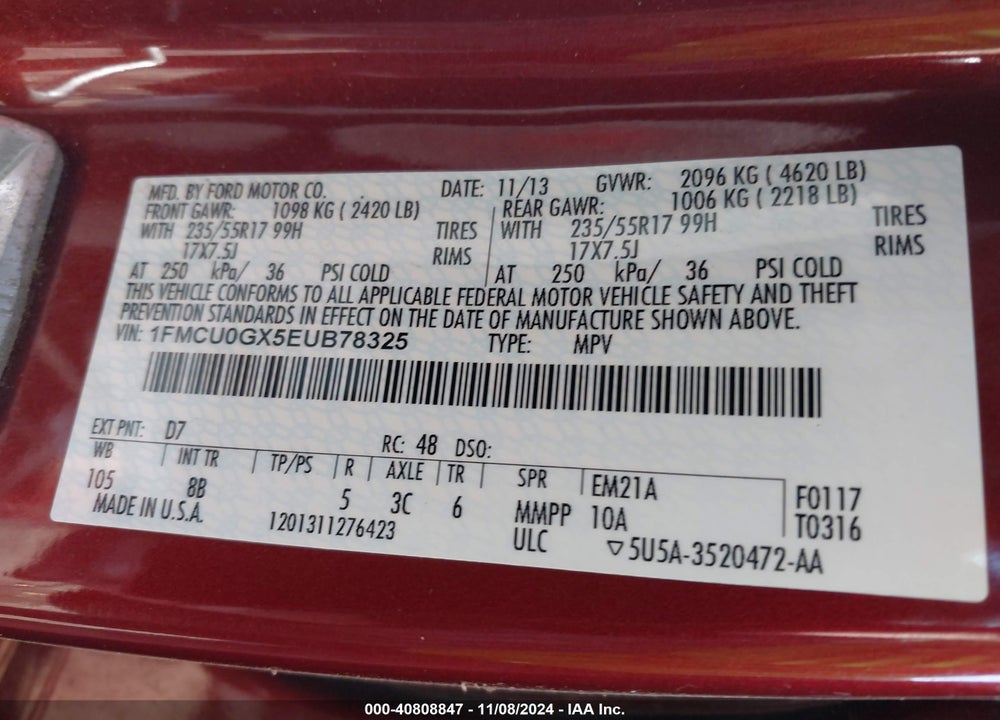 2014 FORD ESCAPE SE VIN: 1FMCU0GX5EUB78325