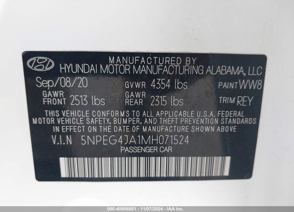 2021 HYUNDAI SONATA SE VIN: 5NPEG4JA1MH071524