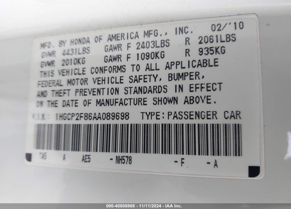 2010 HONDA ACCORD SDN 2.4 EX-L/EX-L VIN: 1HGCP2F86AA089698