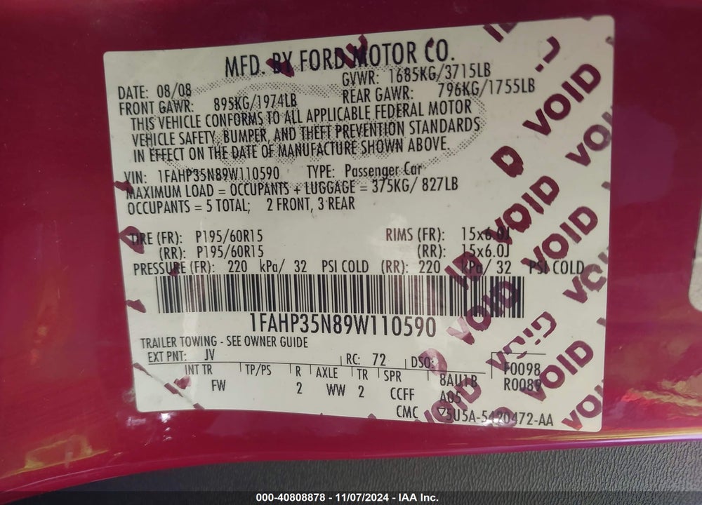 2009 FORD FOCUS SE VIN: 1FAHP35N89W110590