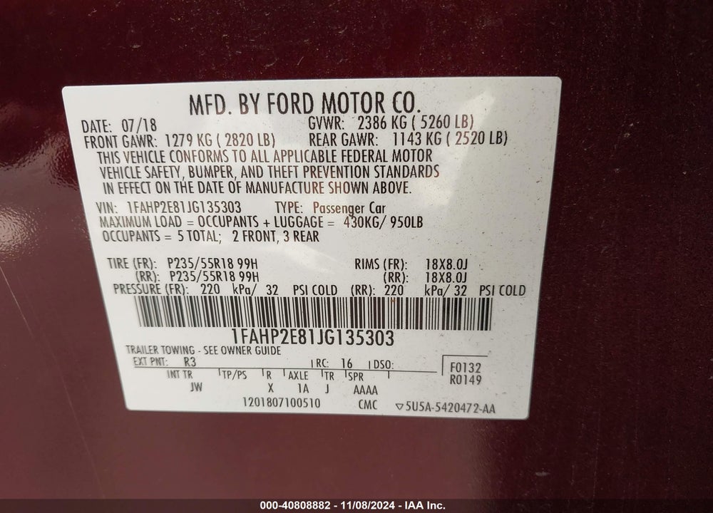 2018 FORD TAURUS SEL VIN: 1FAHP2E81JG135303