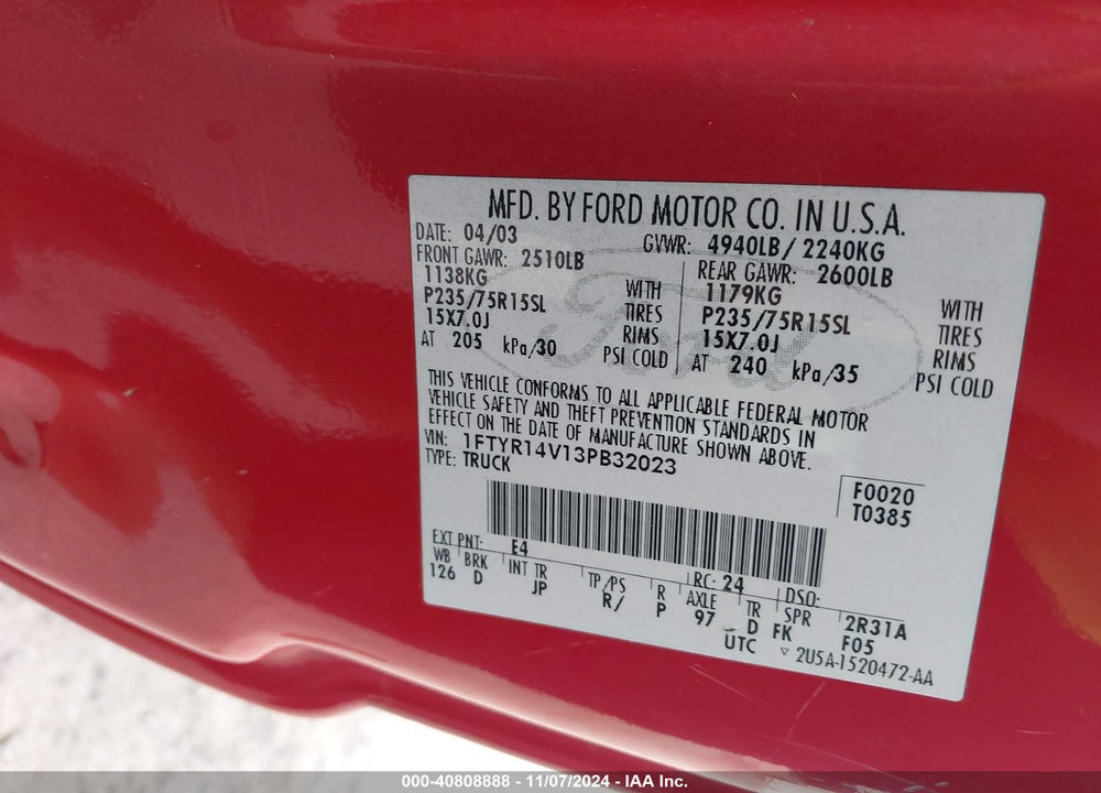 2003 FORD RANGER EDGE/TREMOR/XL/XLT VIN: 1FTYR14V13PB32023