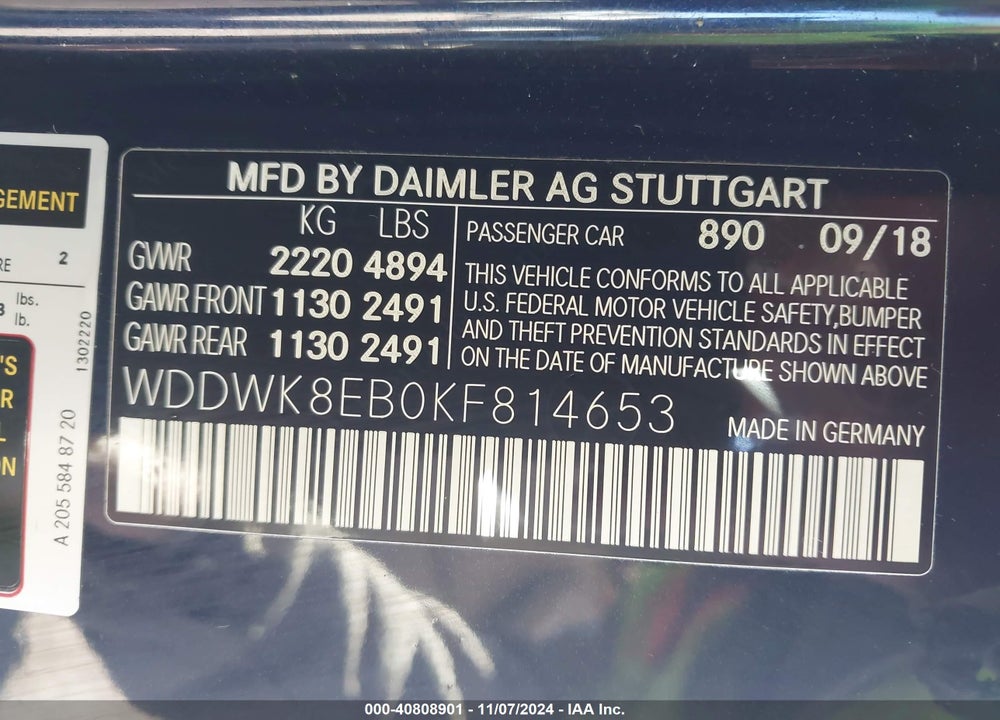 2019 MERCEDES-BENZ C 300 4MATIC VIN: WDDWK8EB0KF814653